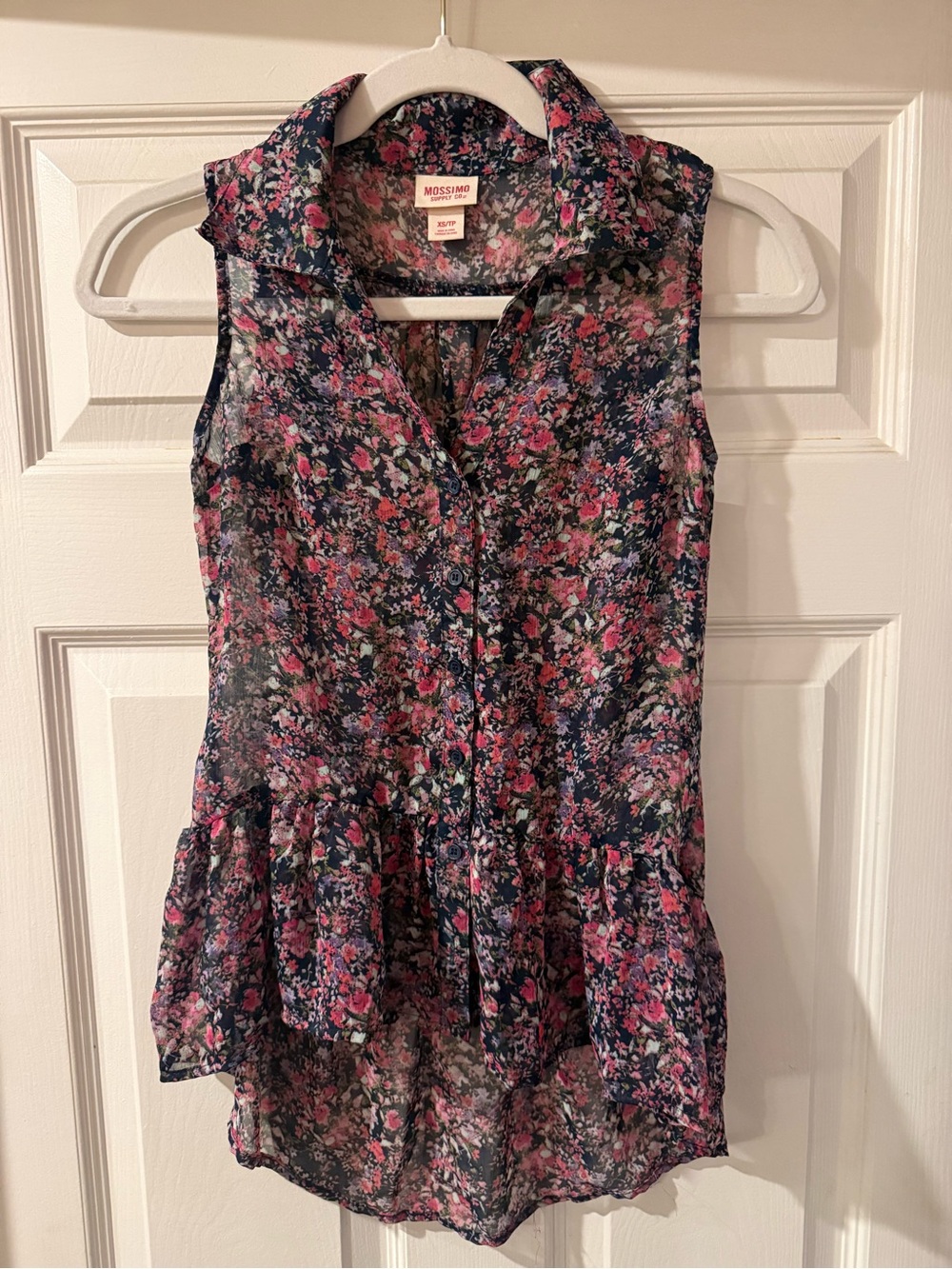 Mossimo Supply Co. Navy Floral Sleeveless Button-Front Peplum Blouse